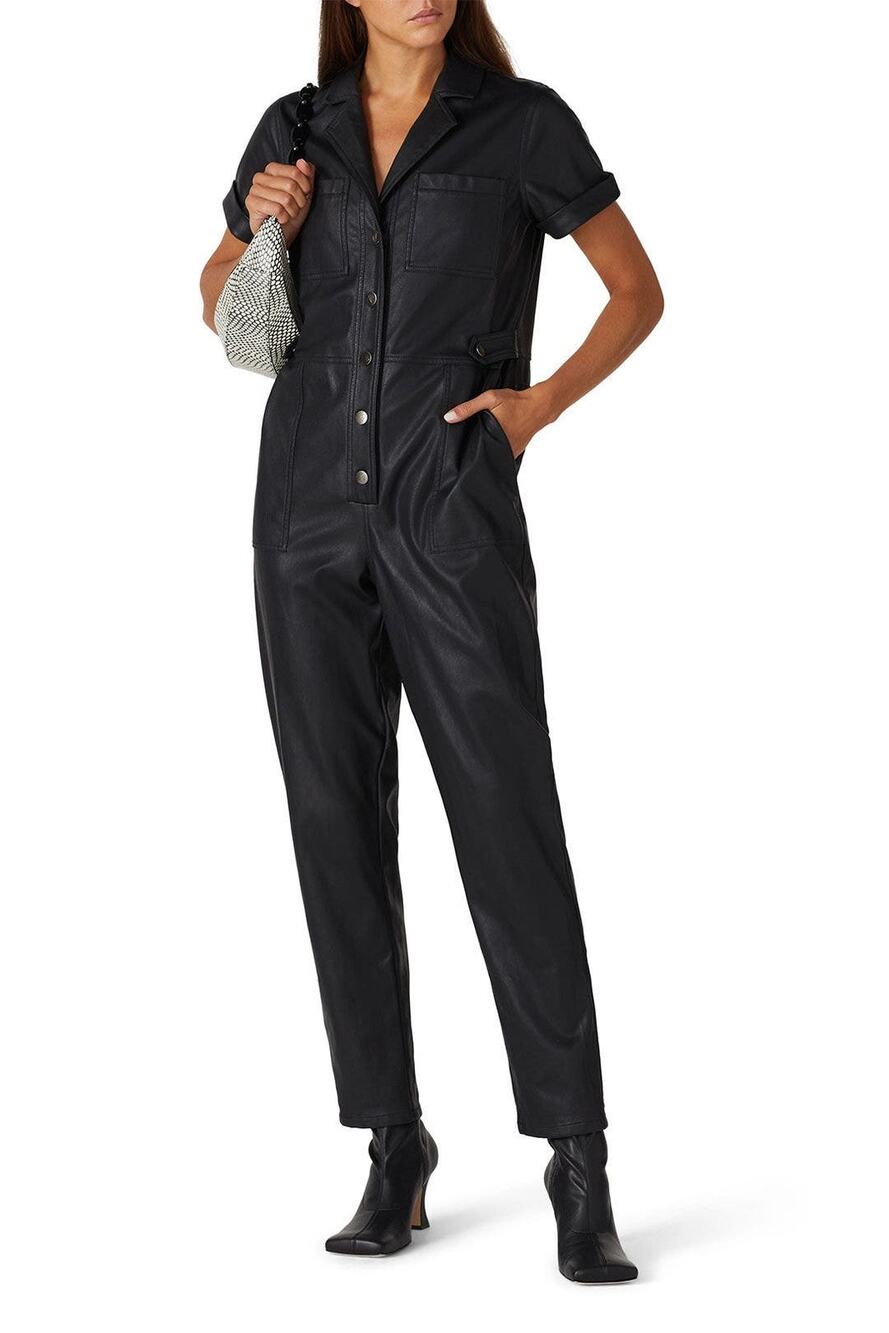 MINKPINK Liaison Black Faux Leather Utility Short Sleeve Jumpsuit Size XS